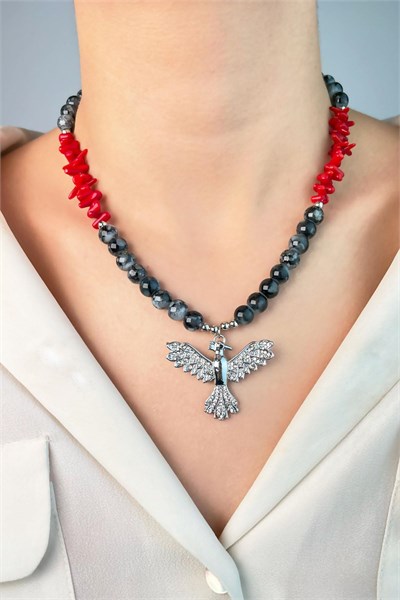 Phoenix Bird Coral Natural Stone Bead Necklace - Gray