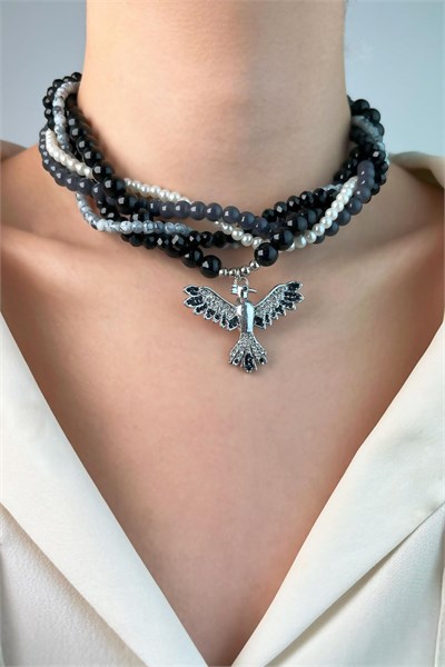 Phoenix Bird Spiral Pearl and Bead Necklace - Black