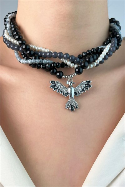 Phoenix Bird Spiral Pearl and Bead Necklace - Black
