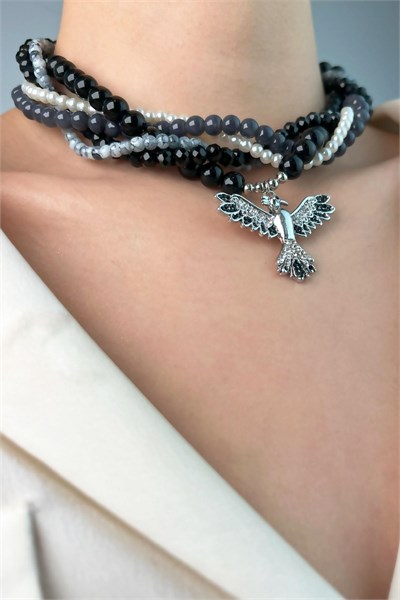 Phoenix Bird Spiral Pearl and Bead Necklace - Black