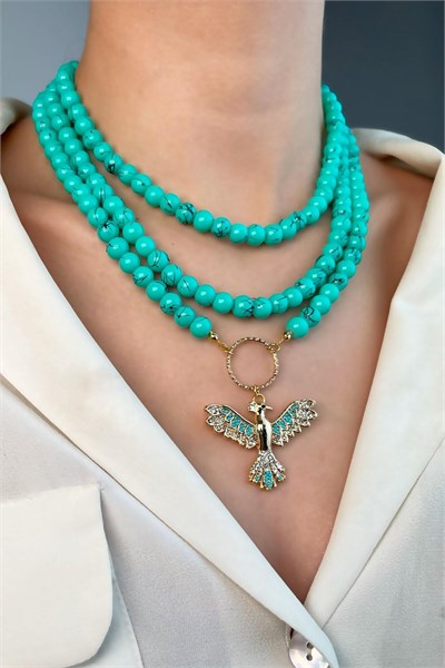 Phoenix Bird Triple Pearl Necklace - Turquoise