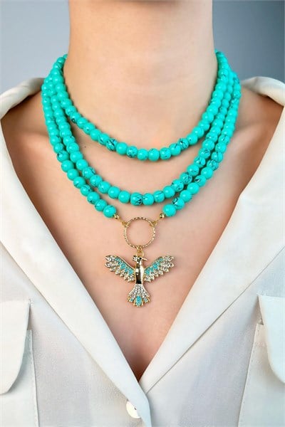 Phoenix Bird Triple Pearl Necklace - Turquoise