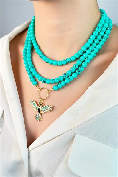 Phoenix Bird Triple Pearl Necklace - Turquoise