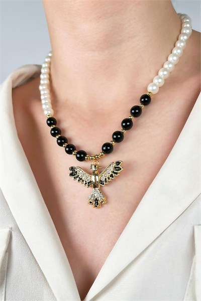 Phoenix Bird End Pearl and Bead Necklace - Black