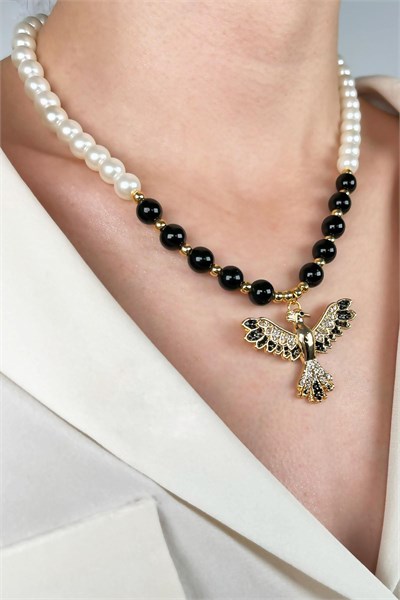 Phoenix Bird End Pearl and Bead Necklace - Black