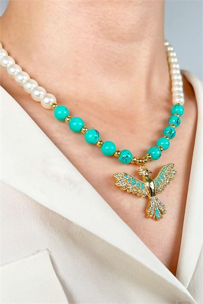 Phoenix Bird End Pearl and Bead Necklace - Turquoise