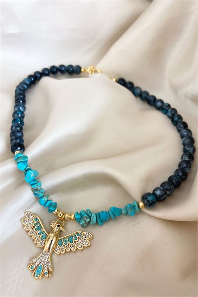 Phoenix Bird End Crystal Glass Bead Natural Stone Necklace - Olive