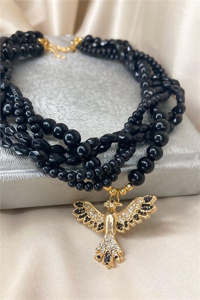 Phoenix Bird End Crystal Glass Bead Necklace - Black
