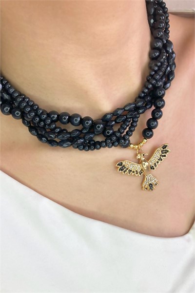 Phoenix Bird End Crystal Glass Bead Necklace - Black