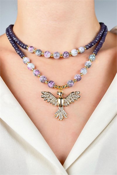 Phoenix End Crystal and Glass Bead Necklace - Purple