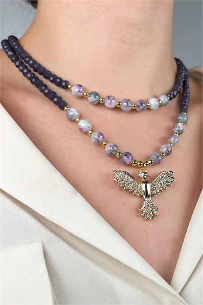 Phoenix End Crystal and Glass Bead Necklace - Purple