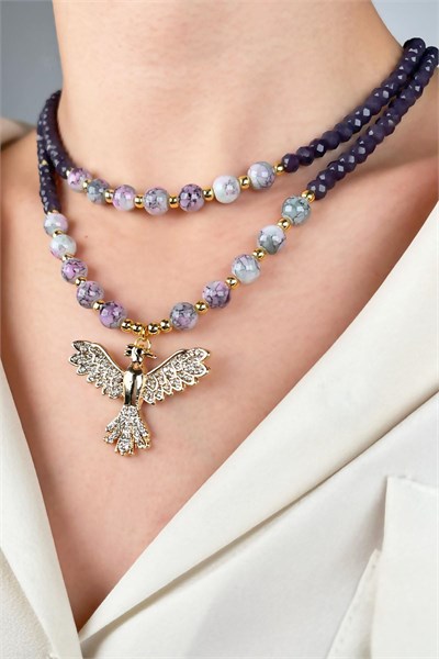 Phoenix End Crystal and Glass Bead Necklace - Purple
