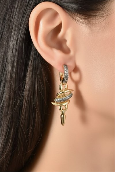 Asymmetrical Dangle Gold Earrings – Zircon Stone, Modern and Screw-Back Vip Design