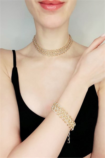 Asymmetric Design Gold Necklace Bracelet Set