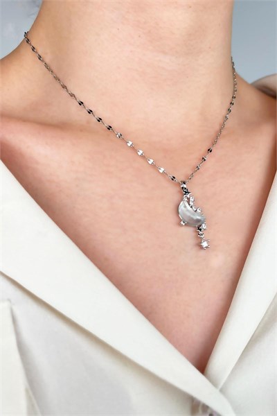 Moon Star Zircon Stone Stainless Steel Necklace - Silver