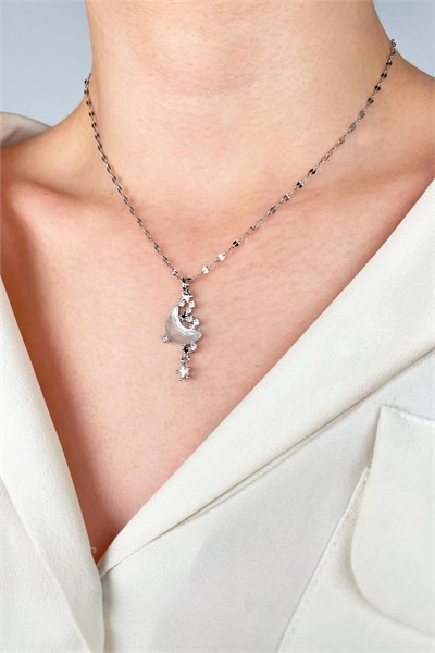 Moon Star Zircon Stone Stainless Steel Necklace - Silver