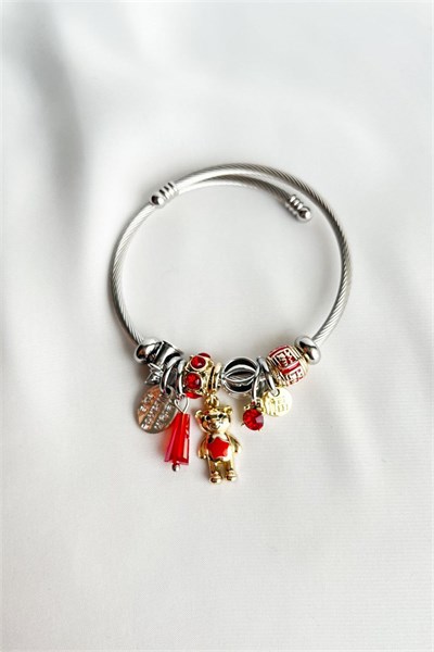 Bear Figure Red Stone Stainless Steel Charm Bracelet