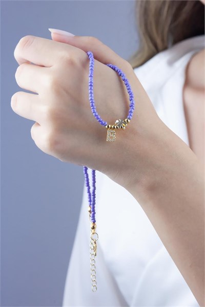 B Letter Lilac Bead Design Necklace