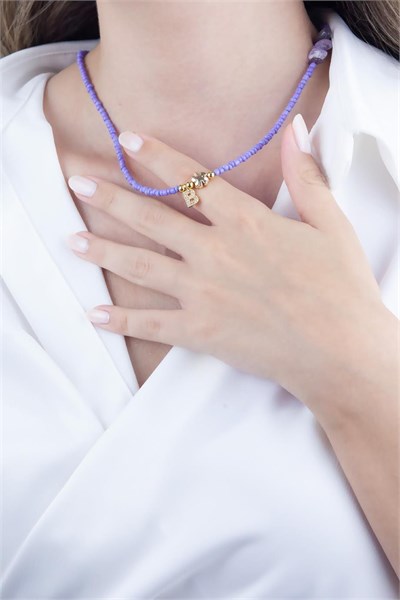 B Letter Lilac Bead Design Necklace