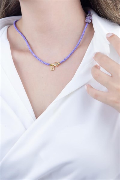 B Letter Lilac Bead Design Necklace