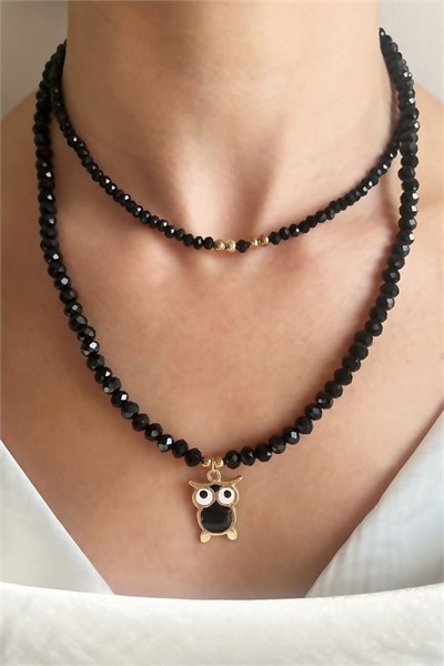 Owl Figure Double Black Bead Necklace