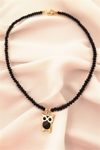 Owl Figure Black Bead Necklace