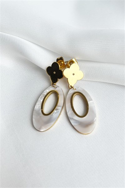 White Elliptical Gold Clover Steel Earrings
