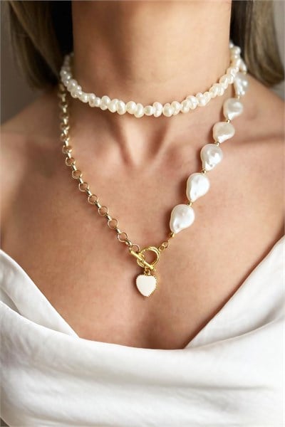 White Heart Detail Baroque Double Pearl Necklace
