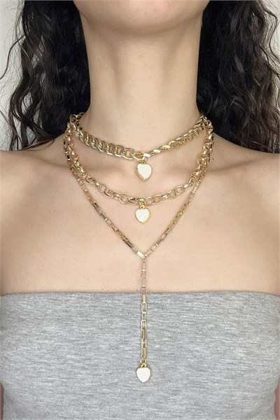 White Heart Detail Multiple Gold Necklace