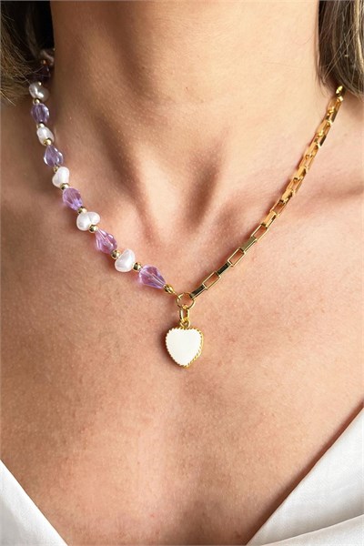White Heart Detail Pearl and Purple Stone Necklace