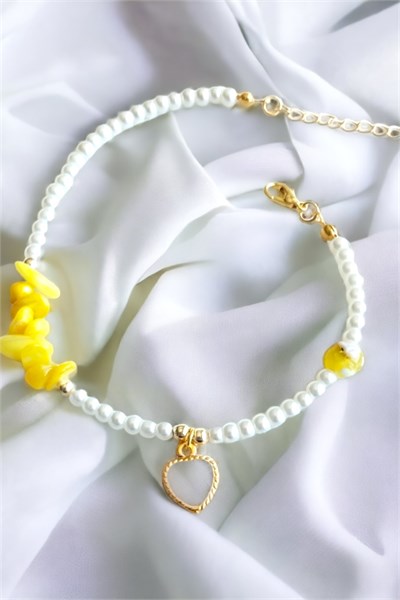 White Heart Detail Yellow Broken Natural Stone Anklet