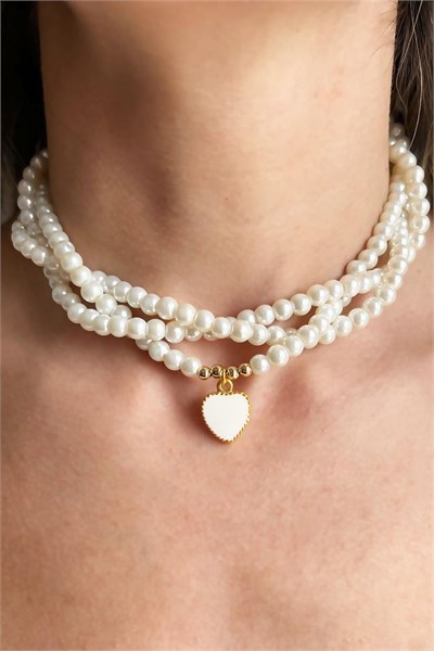 White Heart Stone Spiral Design Pearl Necklace