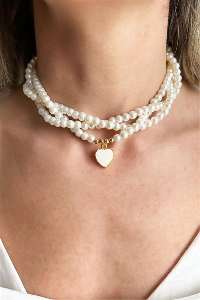 White Heart Stone Spiral Design Pearl Necklace