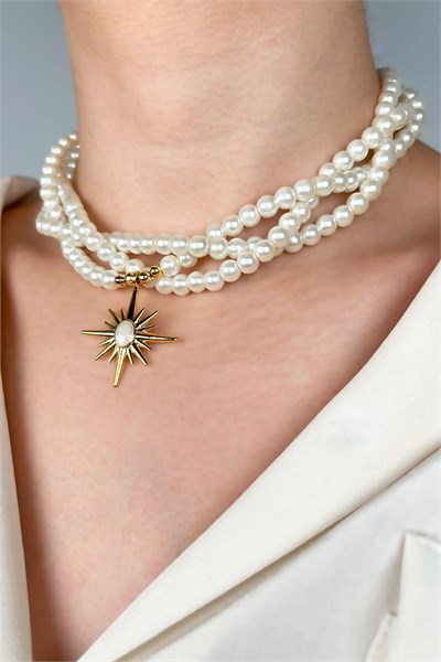 White Enamel North Star Ended Spiral Pearl Necklace - White