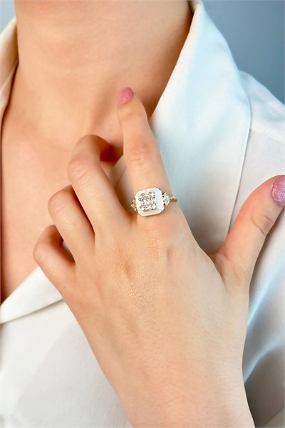 White Enamel Stone Square Ring - Gold