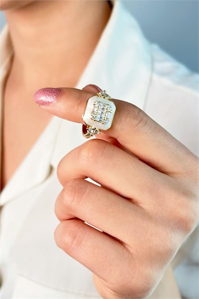 White Enamel Stone Square Ring - Gold