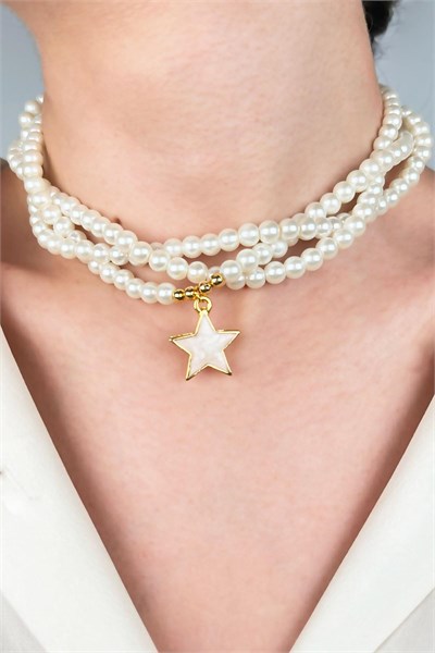 White Enamel Star Ended Spiral Pearl Necklace - White
