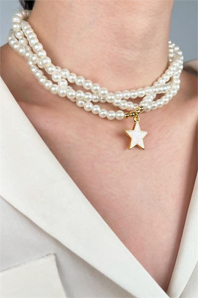 White Enamel Star Ended Spiral Pearl Necklace - White