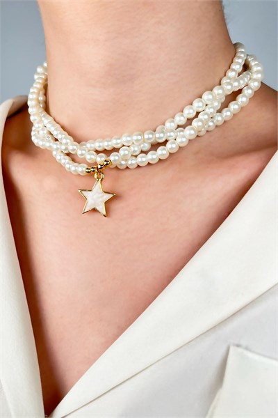 White Enamel Star Ended Spiral Pearl Necklace - White