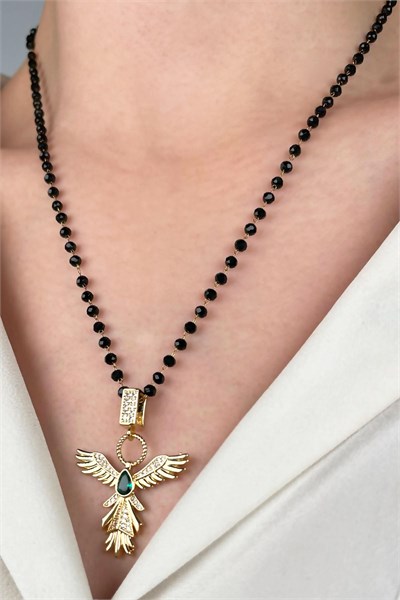 Bead Chain Emerald Ankled Steel Necklace - Gold