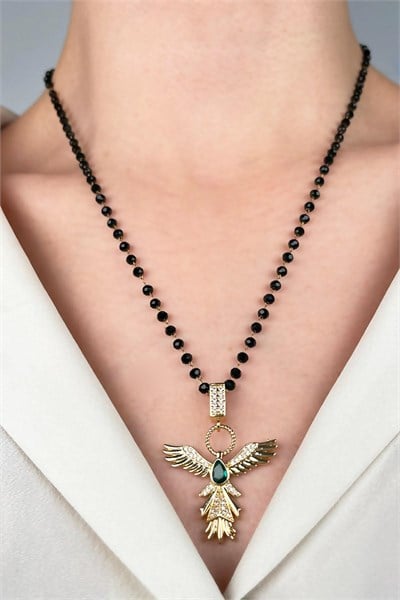 Bead Chain Emerald Ankled Steel Necklace - Gold