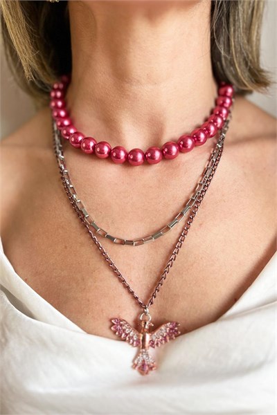 Burgundy Anka Detail Multiple Pearl Chain Necklace