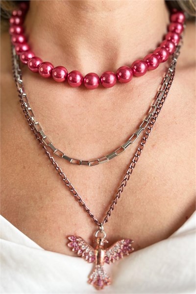 Burgundy Anka Detail Multiple Pearl Chain Necklace