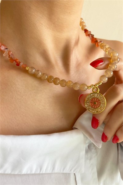 Zodiac Medal Ended Crystal Glass Bead Natural Stone Necklace - Orange
