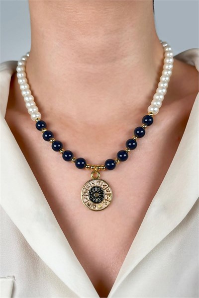Zodiac Medal Ended Pearl and Bead Necklace - Smoke