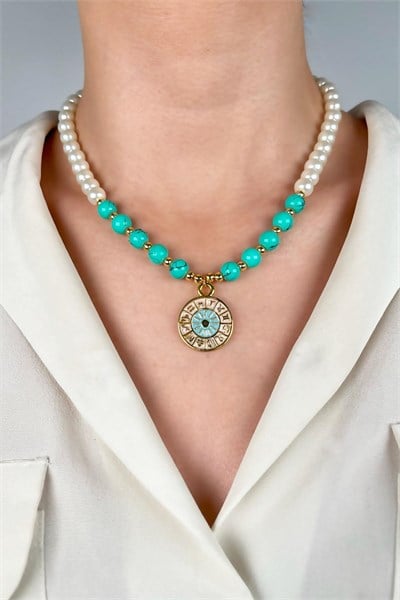Zodiac Medal Ended Pearl and Bead Necklace - Turquoise