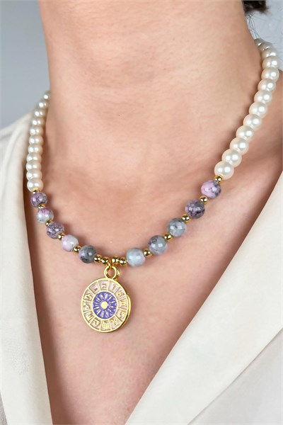 Zodiac Medal Ended Pearl and Bead Necklace - Lilac