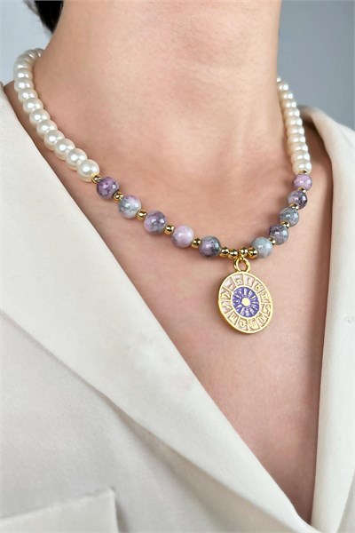 Zodiac Medal Ended Pearl and Bead Necklace - Lilac