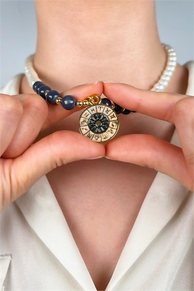 Zodiac Medal Ended Pearl and Bead Necklace - Smoke