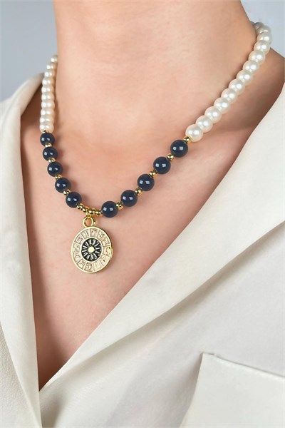 Zodiac Medal Ended Pearl and Bead Necklace - Smoke